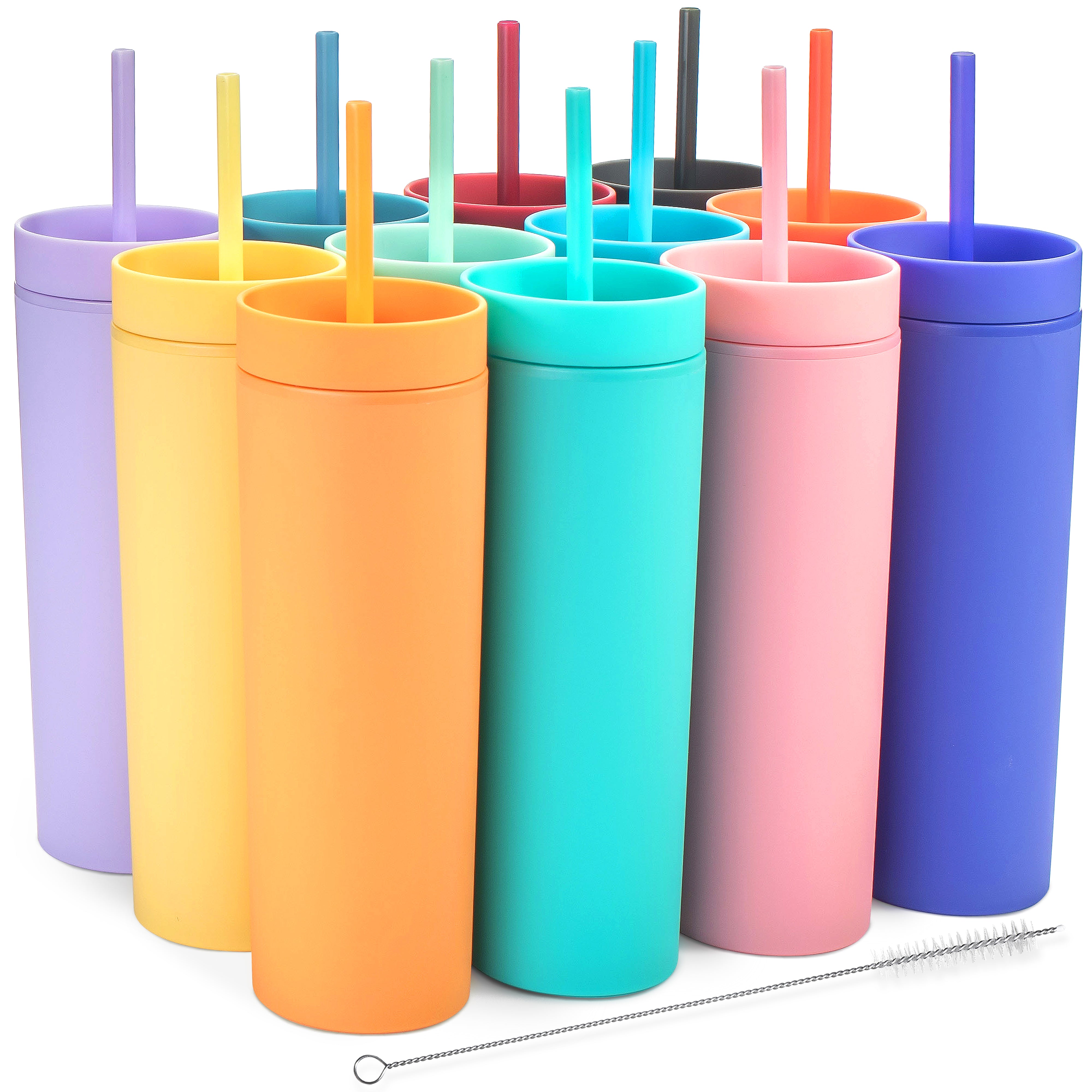 27 Pieces Skinny Tumbler Cups with Lids and Straws, Matte  Pastel Colored Acrylic Tumblers Set, Reusable Double Wall Plastic Mugs Cold  Hot Drinks Water Bottles for Vinyl DIY Presents, 16